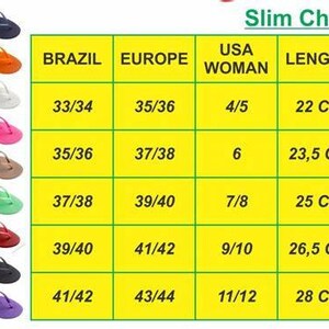 Peut inclure: Un tableau des tailles pour des tongs pour femmes, indiquant les tailles correspondantes au Br&eacute;sil, en Europe et aux &Eacute;tats-Unis. Le tableau indique &eacute;galement la longueur de la tong en centim&egrave;tres.