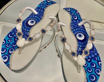 Tongs mauvais œil, Havaianas, ojo azul, cadeau de demoiselles d'honneur, cadeaux d'anniversaire, cadeaux de mariée, cadeaux de mariage, cadeau de Saint-Valentin, tongs Hamza