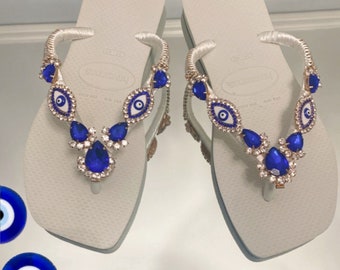 Evil eye flip-flops, Havaianas, ojo azul, bridesmaids gift, birthday gifts, bride gifts, wedding gifts, protection, Hamza flip flop