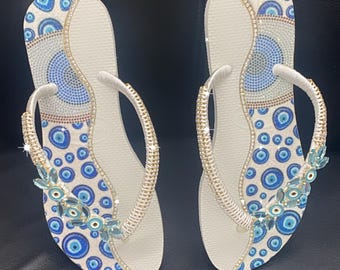 Tongs mauvais œil, Havaianas, ojo azul, cadeau de demoiselles d'honneur, cadeaux d'anniversaire, cadeaux de mariée, cadeaux de mariage, cadeau de Saint-Valentin, tongs Hamza