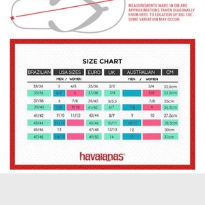 Peut inclure: Tableau des tailles pour les tongs en tailles br&eacute;siliennes, am&eacute;ricaines, europ&eacute;ennes, britanniques et australiennes. Le tableau indique les tailles pour hommes et femmes dans chaque r&eacute;gion, ainsi que la mesure en cm correspondante.