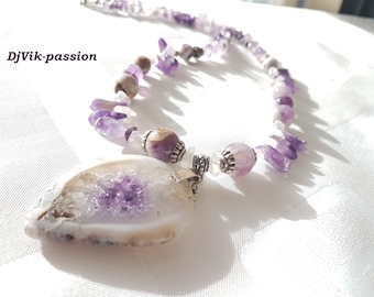 Amethyst and Agate Necklace, Purple Amethyst Nuggets, with Pendant, Semi Precious, Natural Stone, Gemstone Necklace,