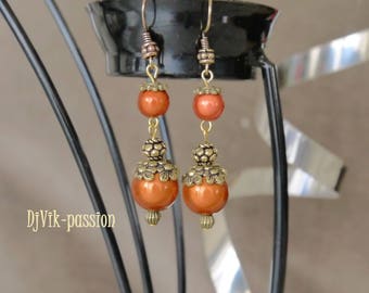 Boucles d'oreilles perle magique orange/marron, en métal doré antique