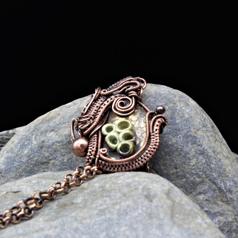 Unusual Jewellery Copper Wire Wrapped Pendant Ceramic Bead