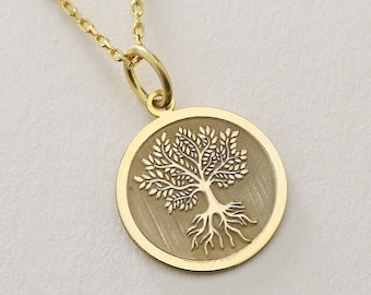 Gold Solid 14K Real Gold Tree of Life Disc Pendant, Gold Tree of Life Necklace, Personalized Tree of Life Charm, Dainty Gold Tree of Life