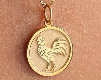 14k Solid Gold Rooster Zodiac Necklace , Personalized Rooster Pendant , Rooster Jewelry , Gold Disc Rooster ,Animal Necklace Pendant , Gift