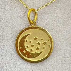 Gold Solid 14K Real Gold Moon Star Necklace , Personalized Moon Star Pendant , Dainty Moon Charm Jewelry ,Gold Disc Necklace , birthday Gift
