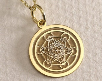 Gold Solid 14K Real  Gold Metatron Necklace , Metatron Cube Pendant , Personalized Sacred Geometry Jewelry ,Meditation Necklace,Protection