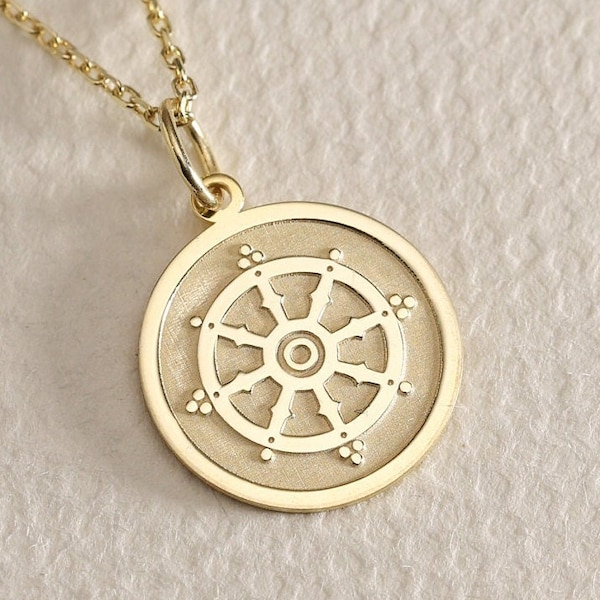 Gold Solid 14K Real Gold Dharma Wheel Necklace, Personalized Dharma Wheel Pendant, Dharmachakra Pendant