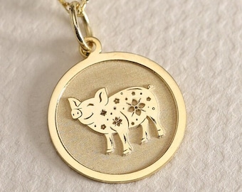 Collar de cerdo del zodiaco de oro macizo de 14 quilates, colgante de cerdo personalizado, collar de moneda de cerdo, joyería de animal de cerdo, colgante de mascota, cumpleaños