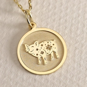 Gold Solid 14K Echtgold Schwein Sternzeichen Halskette, personalisierte Schwein Anhänger, Schwein Münze Halskette, Schwein Tier Schmuck, Haustier Charm Anhänger, Geburtstag