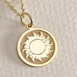 Gold Solid 14K Real Gold Sun Necklace, Gold Coin Sunshine Pendant, Personalized Sun Jewelry, Layered Sunburst Necklace, Dainty Sun Pendant