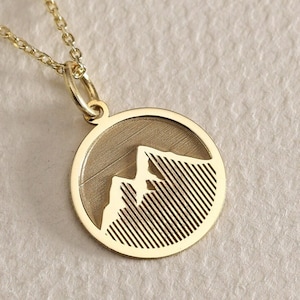 Gold Solid 14K Real Gold Mountain Necklace, Pesronalized Mountain Pendant, Dainty Mountain Gold Disc, Charm Mountain Pendant, Wanderlust