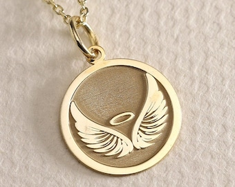 Gold Solid 14K Real Gold Angel Wings Necklace, Dainty Wings Pendant, Personalized Angel Wings Jewelry, Gold Coin Memorial Necklace, Gold