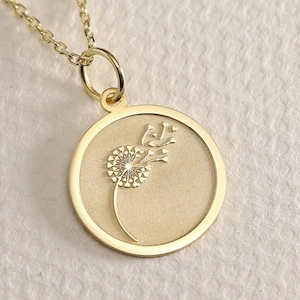 Gold Solid 14K Real Gold Dandelion Necklace, Personalized Dandelion Pendant, Delicate Dandelion Charm, Minimalist Disc Jewelry, Dandelion