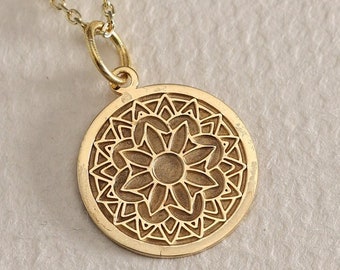 Gold Solid 14K Real Gold Mandala Necklace, Personalized Mandala Pendant, Mandala Symbol