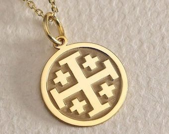 Collar de cruz de Jerusalén de oro real sólido de 14 quilates, collar de moneda cruzada personalizado para protección, joyería ortodoxa griega, regalo para el bautismo