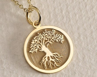 Gold Solid 14K Real Gold Tree of Life Disc Pendant, Gold Tree of Life Necklace, Personalized Tree of Life Charm, Dainty Gold Tree of Life