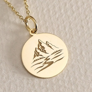 Gold Solid 14K Real Gold Mountain Necklace, Pesronalized Mountain Pendant, Dainty Mountain Gold Disc, Charm Mountain Pendant, Wanderlust