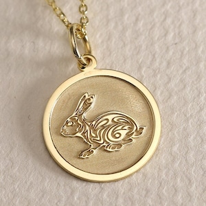 Gold Solid 14K Real Dainty Rabbit Necklace Solid Gold Coin Rabbit Necklace , Animal Jewelry Sweet Rabbit Necklace , Birthday Gift