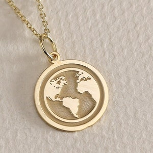 Gold Solid 14K Echtgold Erde Halskette, Zierliche Weltkarte Halskette, Goldmünze Globus Halskette, Goldscheibe WanderLust Halskette, Charm Gold
