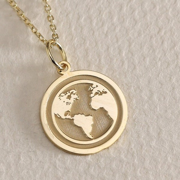 Gold Solid 14K Real Gold Earth Necklace, Dainty World Map Necklace, Gold Coin Globe Necklace, Gold Disc WanderLust Necklace, Charm Gold