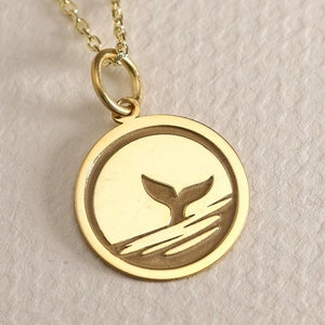 Gold Solid 14K Real Gold Whale Tail Necklace, Personalized Whale Tail Pendant, Whale Tail Charm Jewelry, Gold Whale Tail Disc, Ocean Pendant