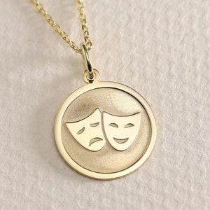 Gold Solid 14K Real Gold Comedy And Tragedy Masks Necklace, Personalized Theater Mask Pendant, Gold Coin Theater Jewelry, Drama Performing