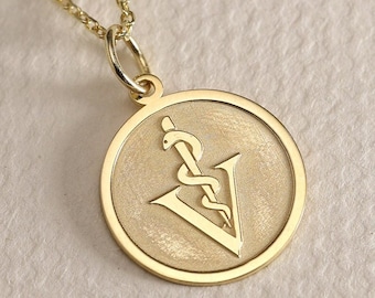 Gold Solid 14K Real Gold Veterinarian Symbol Necklace, Personalized Veterinarian Symbol Pendant, Id Animal Pendant