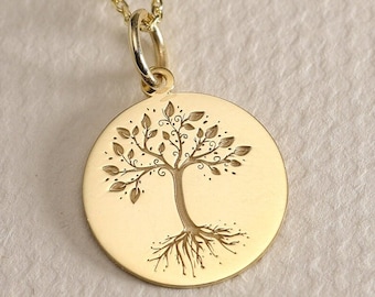 Gold Solid 14K Real Gold Tree of Life Disc Pendant, Gold Tree of Life Necklace, Personalized Tree of Life Charm, Dainty Gold Tree of Life