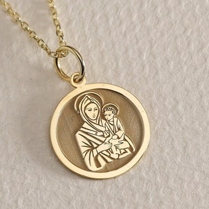 Gold Massiv 14K Echtgold griechisch kyrillische Maria und Jesus Halskette, personalisierte Jungfrau Maria Goldmünze Anhänger, Madonna & Kinderschutz