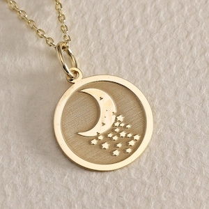 Gold Solid 14K Real Gold Moon Star Necklace , Personalized Moon Star Pendant , Dainty Moon Charm Jewelry ,Gold Disc Necklace , birthday Gift