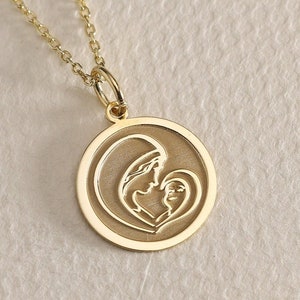 Gold solide 14K Echtgold Griechisch-Orthodoxe Maria und Jesus Halskette, personalisierte Jungfrau Maria Goldmünzenanhänger, Madonna & Kinderschutz