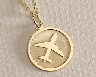 Gold Solid 14K Real Gold Airplane Necklace, Personalized Plane Pendant, Travel Necklace