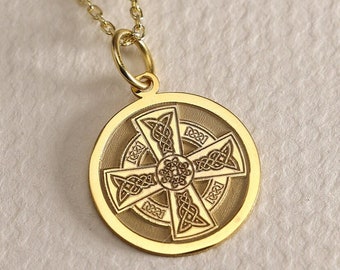 Gold Solid 14K Real Gold Celtic Cross Necklace, Personalized Celtic Cross Pendant, Trinity Knots Cross Necklace, Irish Jewelry