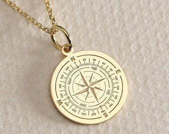 Gold Solid 14K Real Gold Compass Necklace, Travel Necklace, Graduation Gift , Compass Pendant Necklace, Gold Compass Charm, birthday Gift