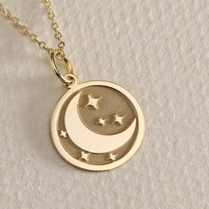 Gold Solid 14K Real Gold Moon Star Necklace , Personalized Moon Star Pendant , Dainty Moon Charm Jewelry ,Gold Disc Necklace , birthday Gift