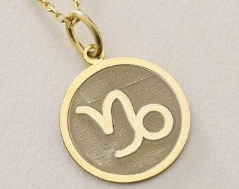Gold Solid 14K Real Gold Capricorn Zodiac Necklace , Personalized Brushed Capricorn Zodiac Symbol Coin Pendant , Gold Zodiac Pendant , Women