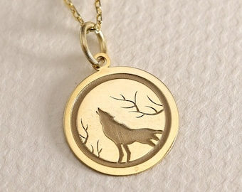 Pingente de lobo de ouro sólido 14K, colar personalizado de lobo, colar com pingente, amante da noite de lobo, presente de lobo de ouro, presente para ela