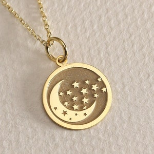 Gold Solid 14K Real Gold Moon Star Necklace , Personalized Moon Star Pendant , Dainty Moon Charm Jewelry ,Gold Disc Necklace , birthday Gift