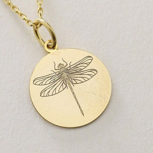 Gold Solid 14K Real Gold  Dragonfly Necklace, Personalized Gold Coin Dragonfly Pendant, Dragonfly Jewelry, Dragonfly Gold Necklace for