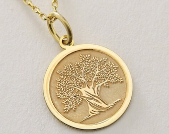 Gold Solid 14K Real Gold Tree of Life Disc Pendant, Gold Tree of Life Necklace, Personalized Tree of Life Charm, Dainty Gold Tree of Life