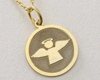 Gold Solid 14K Real Gold Angel Necklace, Personalized Angel Pendant, Dainty Gold Angel Jewelry, Delicate Gold Angel Coin Necklace, Angel