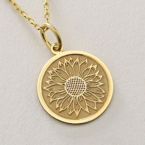 14k Solid Gold Sonnenblume Anhänger, personalisierte Sun Flower Halskette, Blumen Anhänger, Sunshine Anhänger Münze Halskette, Geburtstagsgeschenk