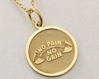 Goud massief 14 kt echt goud geen pijn geen winst ketting, fitness ketting, sportschool ketting, gepersonaliseerde hanger, cadeau voor hem, gewichtheffen cadeau, sportschool