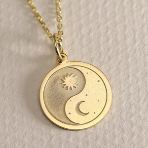 Gold Solid 14K Real Gold Moon Star Necklace , Personalized Moon Star Pendant , Dainty Moon Charm Jewelry ,Gold Disc Necklace , birthday Gift