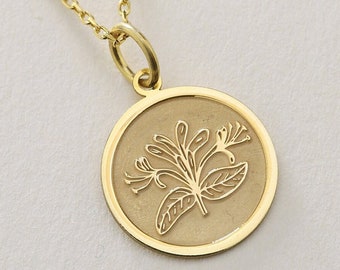 14k Solid Gold Honeysuckle Necklace , Personalized Honeysuckle Pendant ,Flower Gift , Birthday Flower ,June Birthflower Flower Necklace Gift