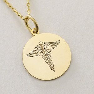 Gold Solid 14K Real Gold Medic Disc Pendant, Medical Alert Necklace, Doctor Necklace, Emergency Contact Charm, Allergy Information Pendant