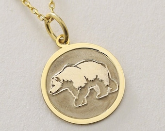 Gold Solid 14K Real Gold Bear Necklace , Personalized Mama Bear Pendant ,Bear Charm Jewelry, Family Necklace , Dainty Mom Disc Necklace ,Mom