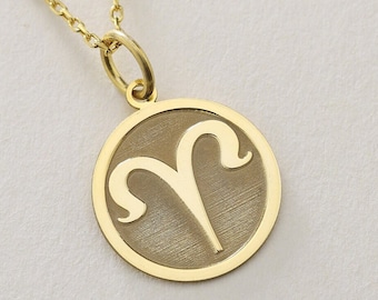 Colar do zodíaco de Áries em ouro maciço 14K em ouro maciço, pingente de carneiro de Áries, ouro maciço do zodíaco, pingente personalizado do zodíaco do signo de Áries, dia das mães